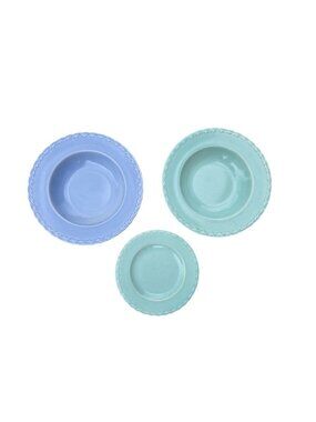 Vernon Kilns Native California 2 Rimmed Soup Bowls & Bread Plate Blue Green READ